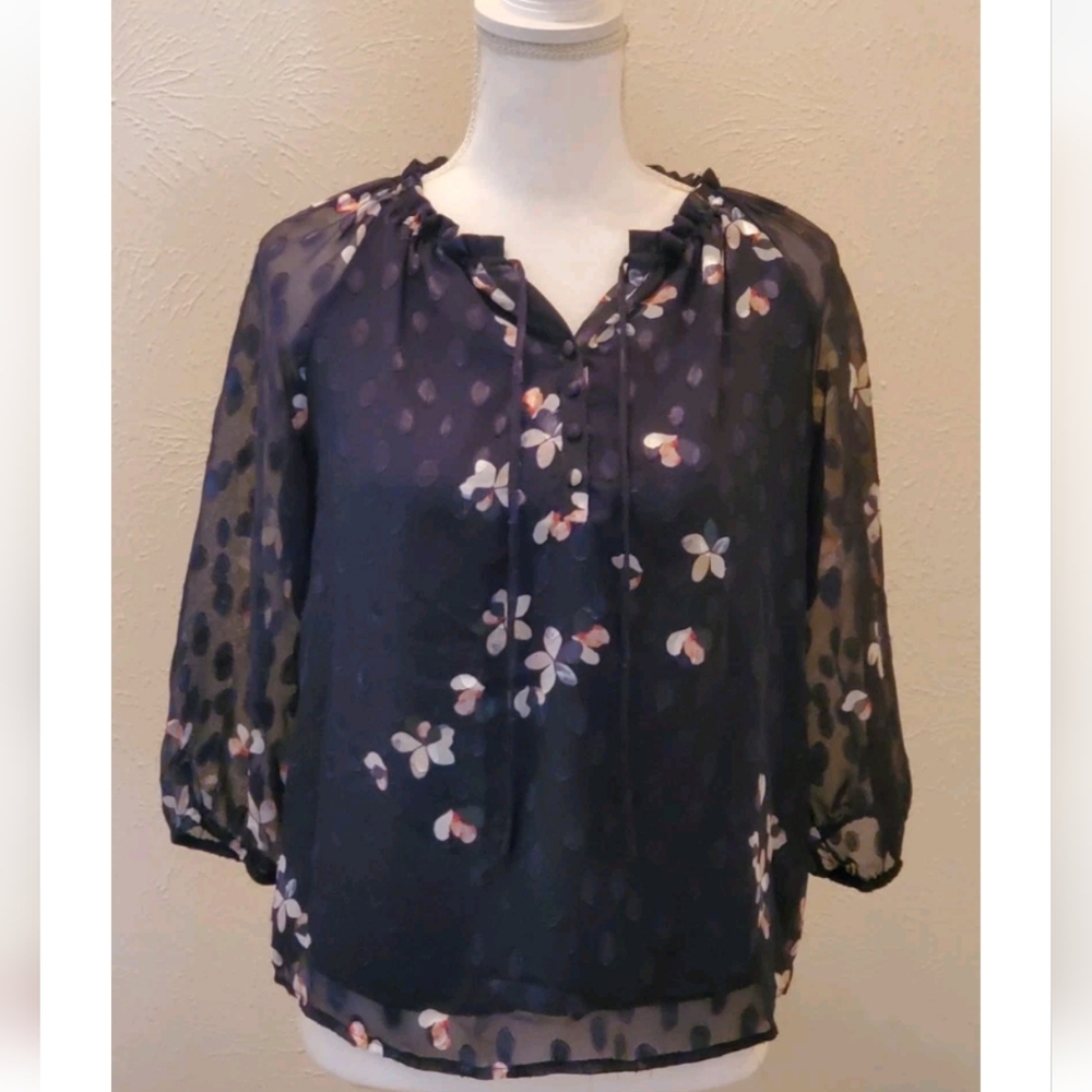 Q&A Floral  Top Lined Bodice Sheer sleeves XS Cottagecore Lightweight